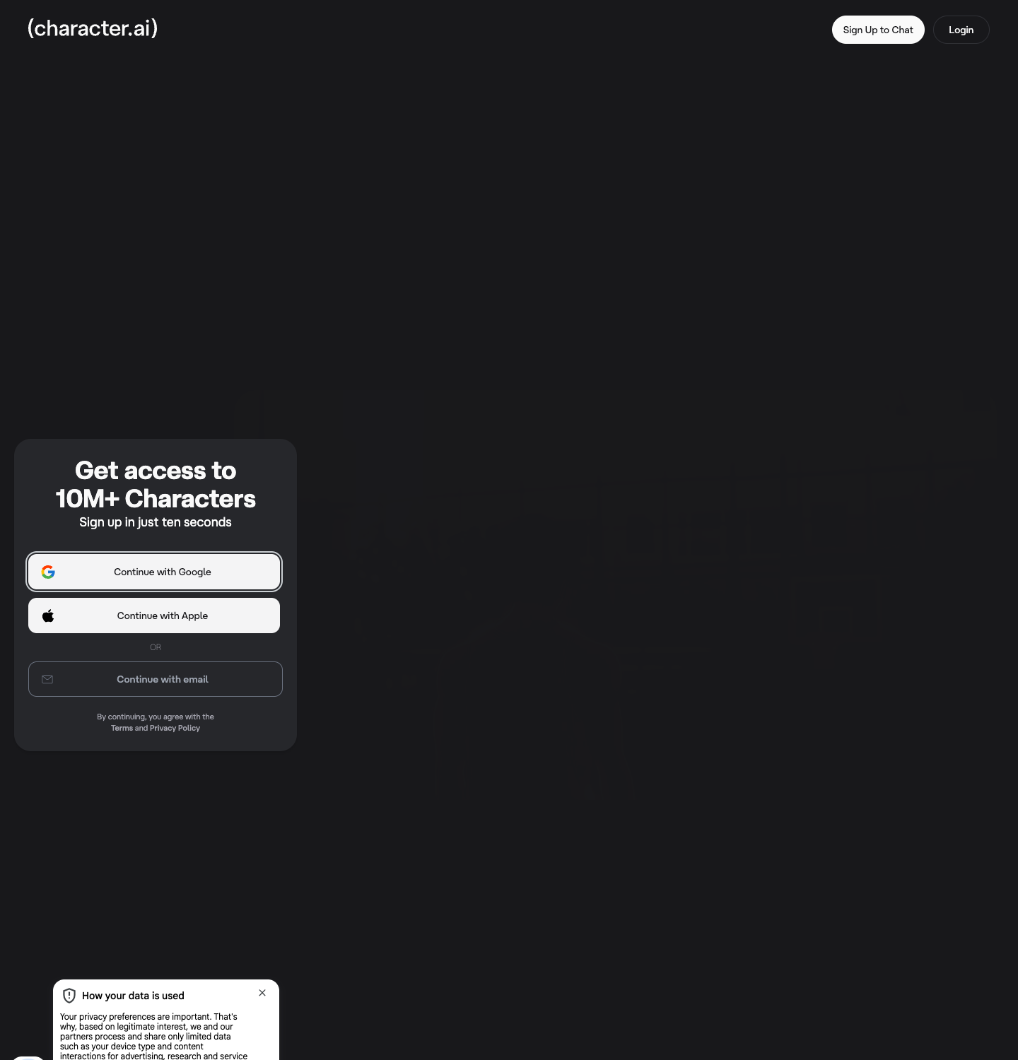 Character.AI homepage shown in a browser frame, captured July 2026